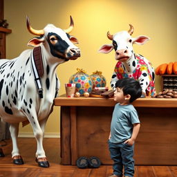 An ox wearing white suspenders with black stripes stands next to a cow dressed in a colorful flowery dress