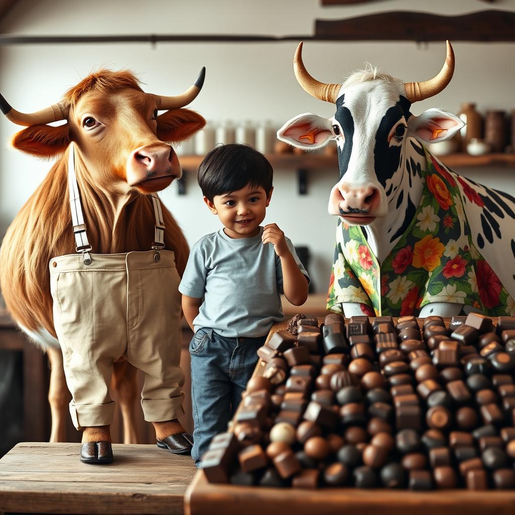 An ox dressed in stylish beige pants held up by white suspenders with black stripes stands next to a cow wearing a vibrant flowery dress