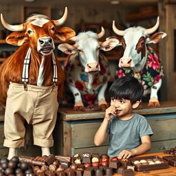 An ox dressed in stylish beige pants held up by white suspenders with black stripes stands next to a cow wearing a vibrant flowery dress