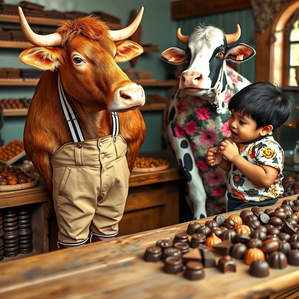 An ox dressed in stylish beige pants held up by white suspenders with black stripes stands next to a cow wearing a vibrant flowery dress