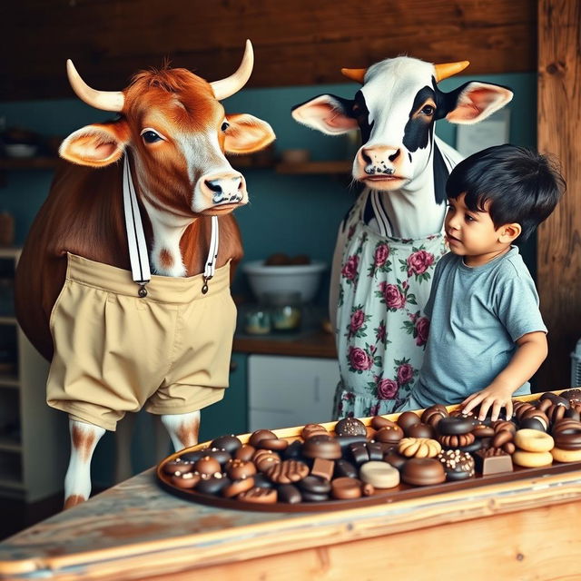 An ox dressed in stylish beige pants held up by white suspenders with black stripes stands next to a cow wearing a lovely flowery dress