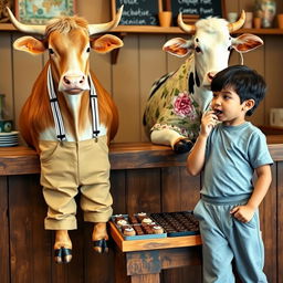 An ox dressed in stylish beige pants held up by white suspenders with black stripes stands next to a cow wearing a lovely flowery dress