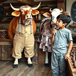 An ox dressed in stylish beige pants held up by white suspenders with black stripes stands next to a cow wearing a lovely flowery dress