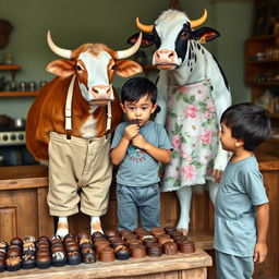 An ox dressed in stylish beige pants held up by white suspenders with black stripes stands next to a cow wearing a lovely flowery dress