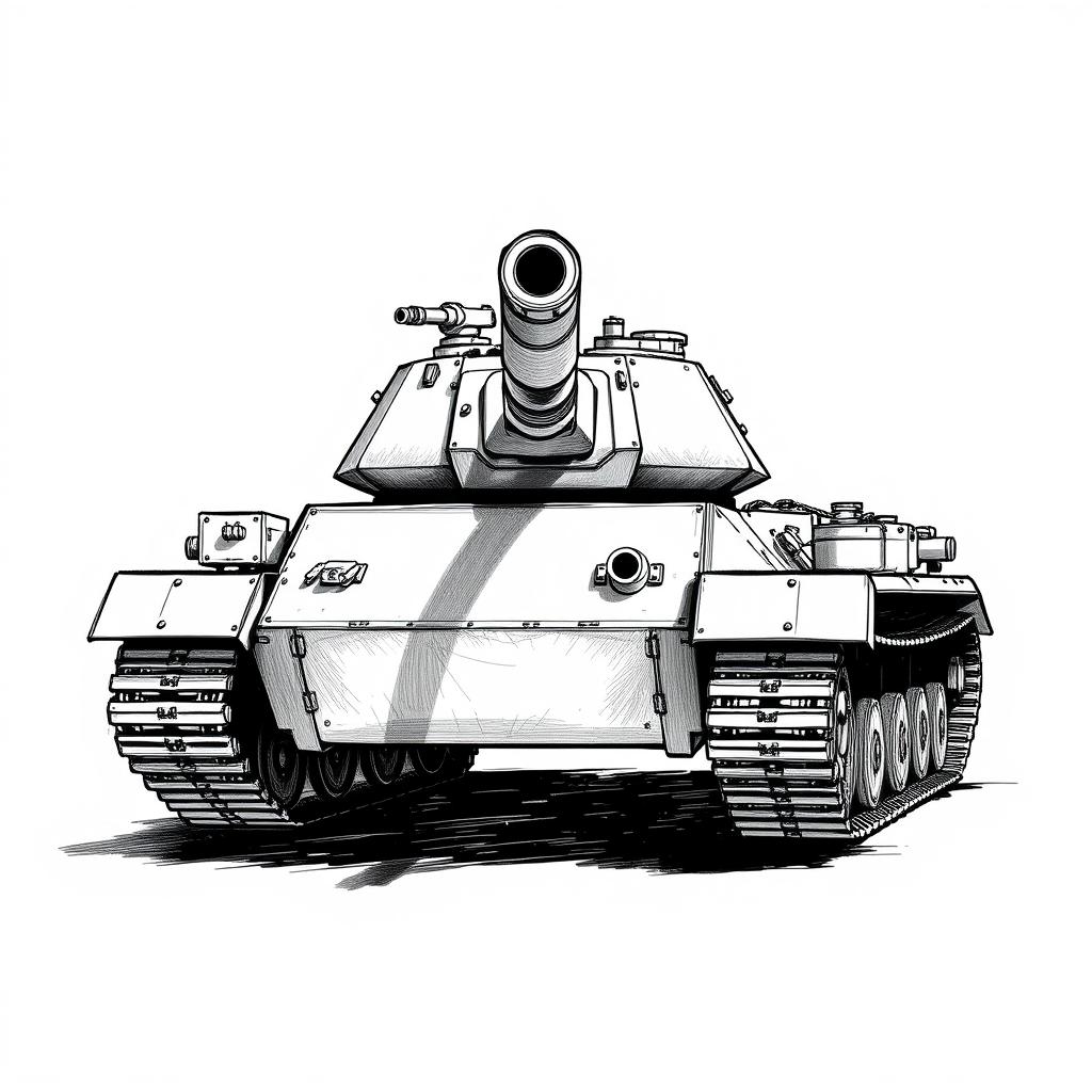 A black and white sketch of an AMX 30B2 tank, its turret turned towards the viewer as if pointing at the screen