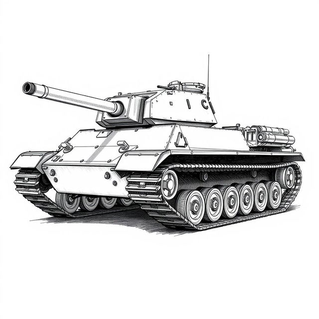 A black and white sketch of an AMX 30B2 tank, its turret turned towards the viewer as if pointing at the screen