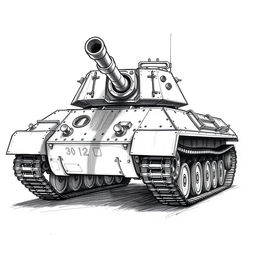 A black and white sketch of an AMX 30B2 tank, its turret turned towards the viewer as if pointing at the screen