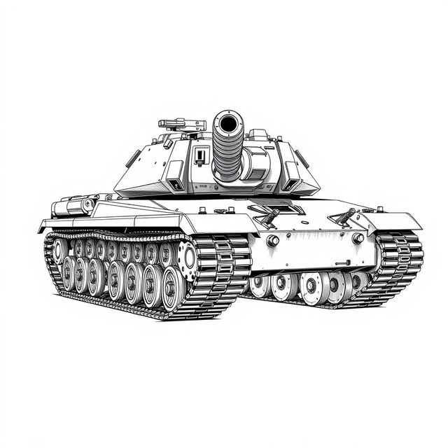 A black and white sketch of an AMX 30B2 tank, its turret turned towards the viewer as if pointing at the screen