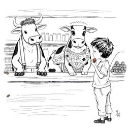 A black and white drawing featuring an ox dressed in beige pants held up by white suspenders with black stripes, positioned behind a wooden counter next to a cow wearing a charming flowery dress