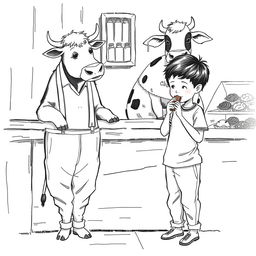 A black and white drawing featuring an ox dressed in beige pants held up by white suspenders with black stripes, positioned behind a wooden counter next to a cow wearing a charming flowery dress