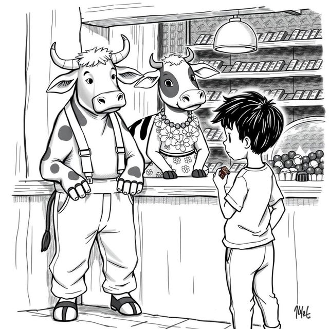 A black and white drawing featuring an ox dressed in beige pants held up by white suspenders with black stripes, positioned behind a wooden counter next to a cow wearing a charming flowery dress