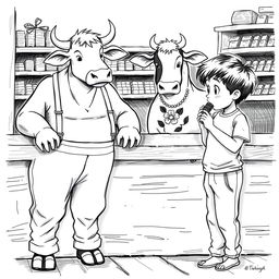 A black and white drawing featuring an ox dressed in beige pants held up by white suspenders with black stripes, positioned behind a wooden counter next to a cow wearing a charming flowery dress