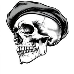 A detailed black and white sketch of a skull wearing a black army beret