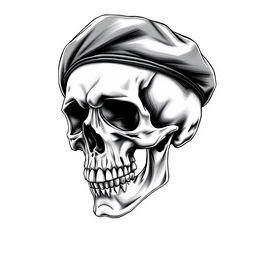 A detailed black and white sketch of a skull wearing a black army beret