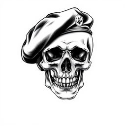 A detailed black and white sketch of a skull wearing a black army beret