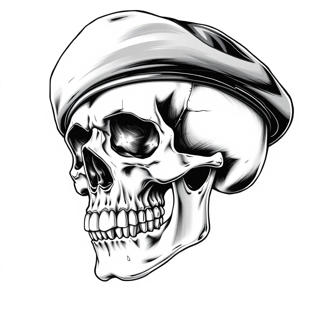 A detailed black and white sketch of a skull wearing a black army beret