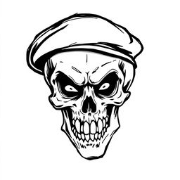 A stylized black and white sketch of a mad skull with exaggerated features, wearing a fully black army beret