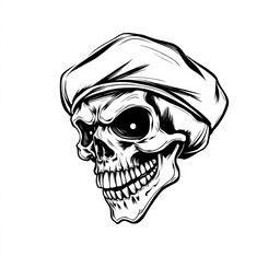 A stylized black and white sketch of a mad skull with exaggerated features, wearing a fully black army beret