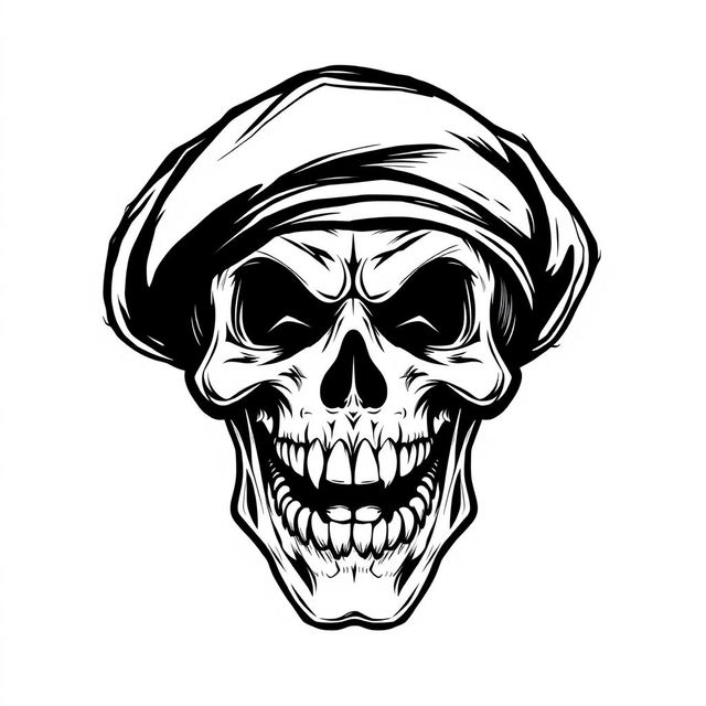 A stylized black and white sketch of a mad skull with exaggerated features, wearing a fully black army beret