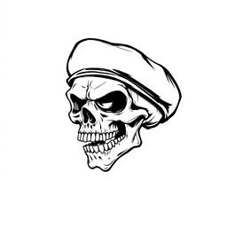 A stylized black and white sketch of a mad skull with exaggerated features, wearing a fully black army beret