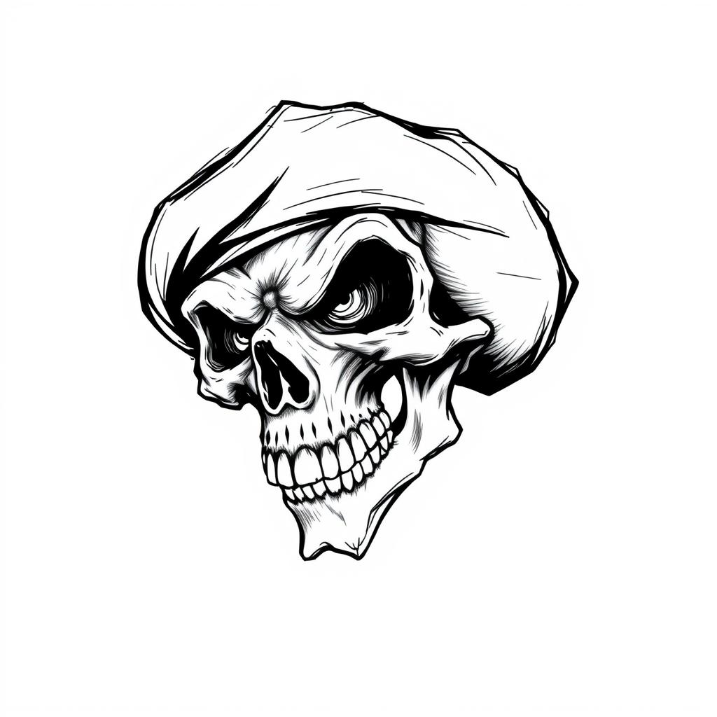 A dynamic black and white sketch of a mad skull with wild, exaggerated features, wearing a fully black army beret