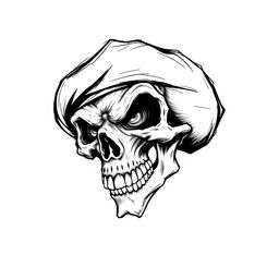 A dynamic black and white sketch of a mad skull with wild, exaggerated features, wearing a fully black army beret