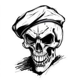 A dynamic black and white sketch of a mad skull with wild, exaggerated features, wearing a fully black army beret