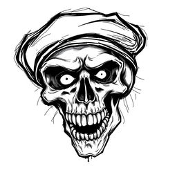 A dynamic black and white sketch of a mad skull with wild, exaggerated features, wearing a fully black army beret