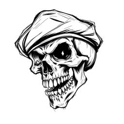 A dynamic black and white sketch of a mad skull with wild, exaggerated features, wearing a fully black army beret