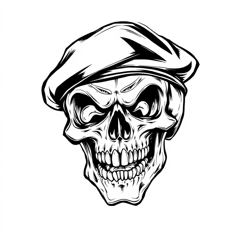 A striking black and white sketch of a mad skull wearing a black army beret