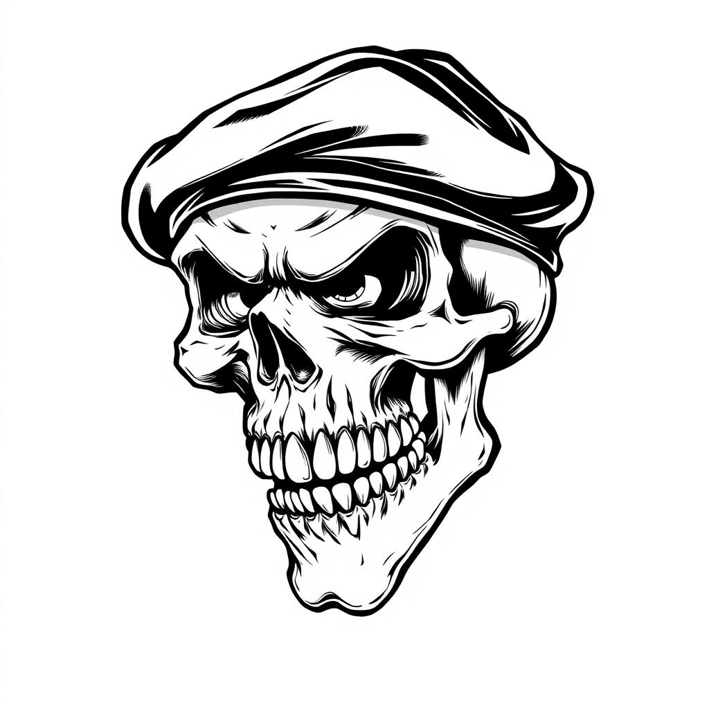 A striking black and white sketch of a mad skull wearing a black army beret