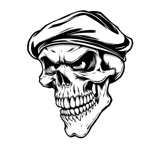 A striking black and white sketch of a mad skull wearing a black army beret