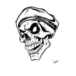 A striking black and white sketch of a mad skull wearing a black army beret