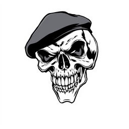 A striking black and white sketch of a mad skull wearing a black army beret