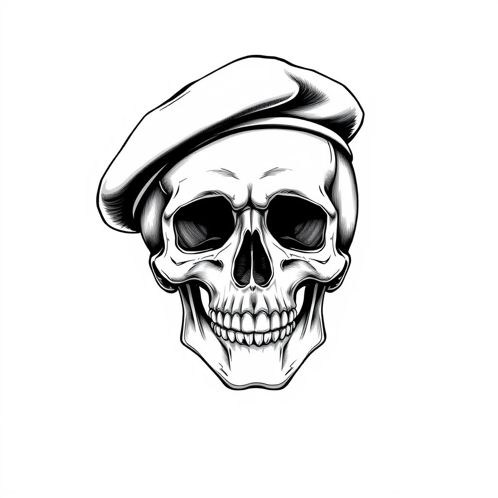 A detailed black and white sketch of a skull wearing a black army beret