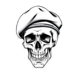 A detailed black and white sketch of a skull wearing a black army beret