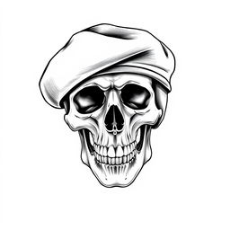 A detailed black and white sketch of a skull wearing a black army beret