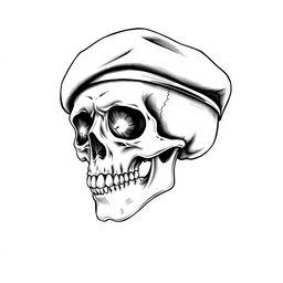 A detailed black and white sketch of a skull wearing a black army beret