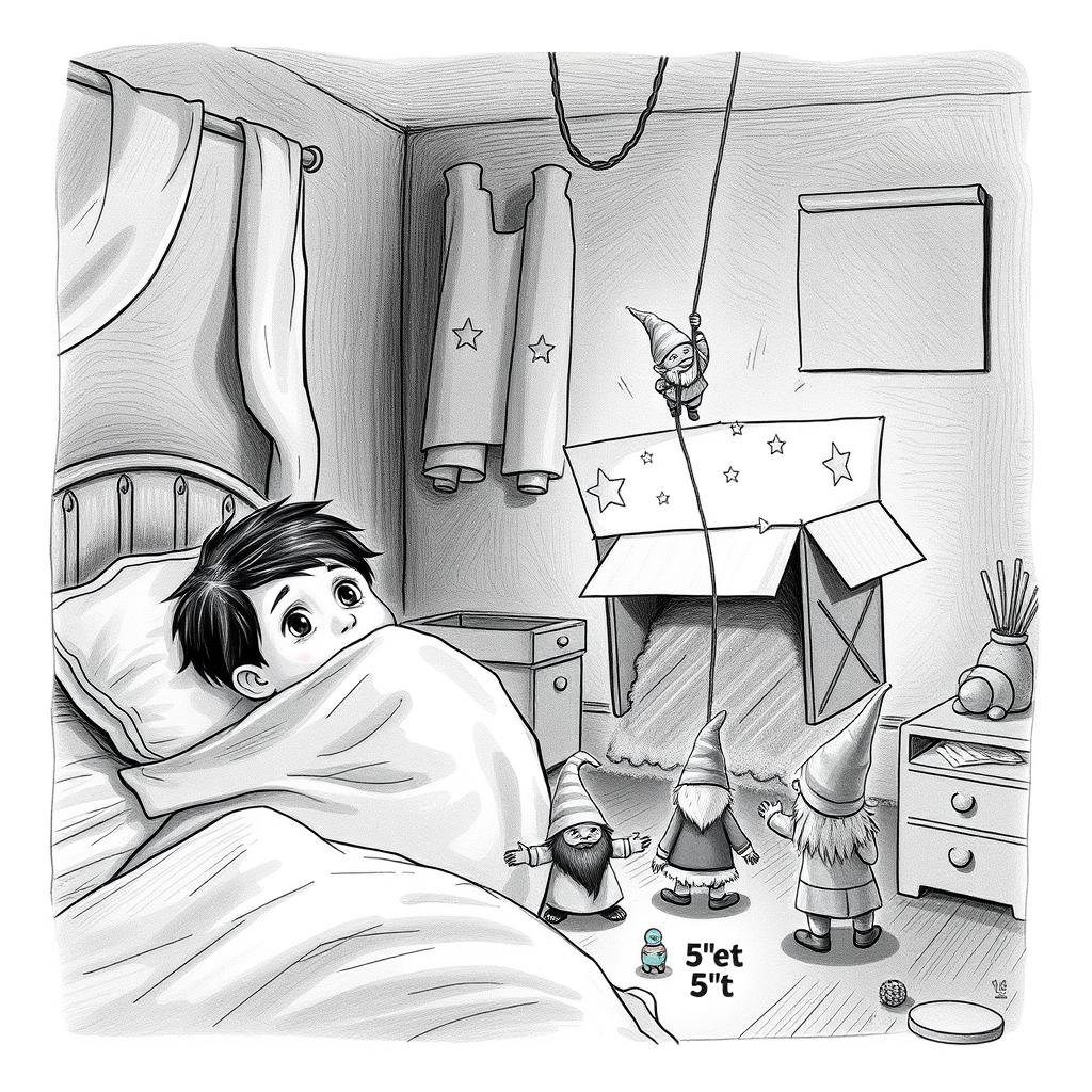 A whimsical black and white drawing of a dimly lit child's room