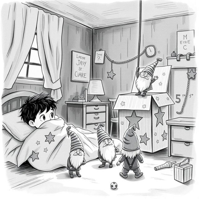 A whimsical black and white drawing of a dimly lit child's room