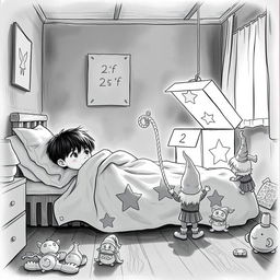 A whimsical black and white drawing of a dimly lit child's room