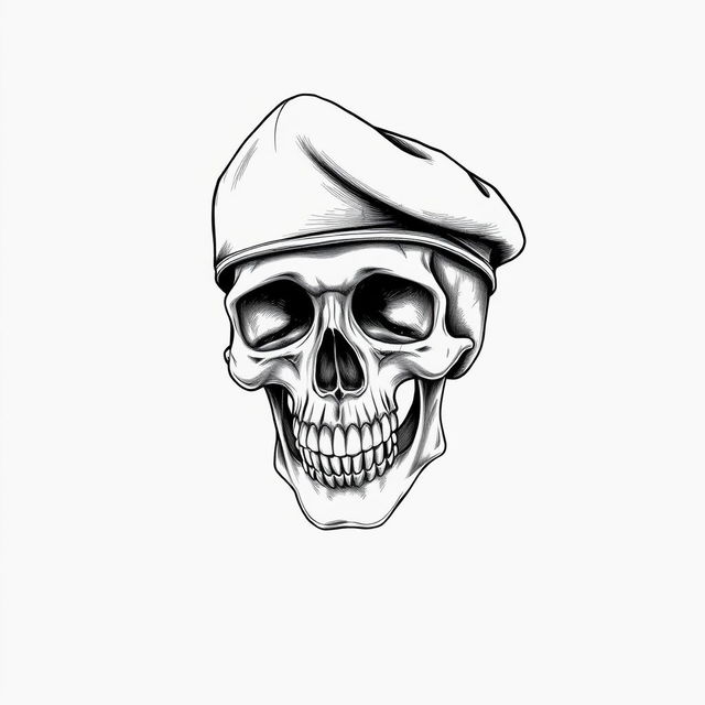 A detailed black and white sketch of a skull wearing a fully black army beret