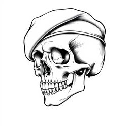 A detailed black and white sketch of a skull wearing a fully black army beret