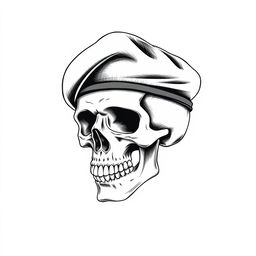 A detailed black and white sketch of a skull wearing a fully black army beret