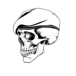 A detailed black and white sketch of a skull wearing a fully black army beret