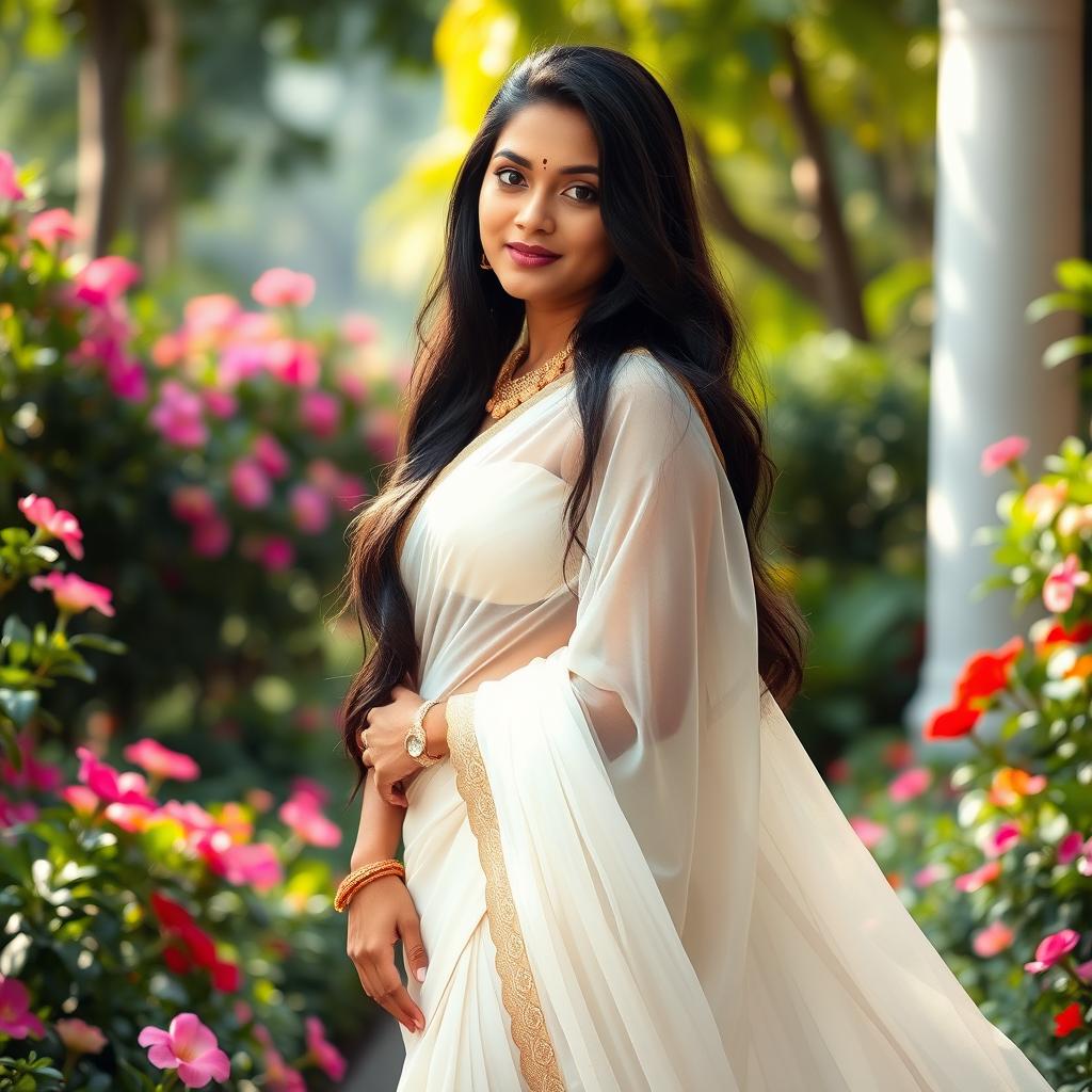 An 18-year-old Indian actress, Trisha, elegantly draped in a transparent white saree