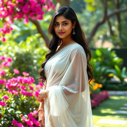 An 18-year-old Indian actress, Trisha, elegantly draped in a transparent white saree