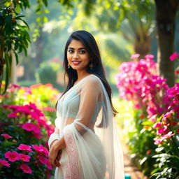 An 18-year-old Indian actress, Trisha, elegantly draped in a transparent white saree