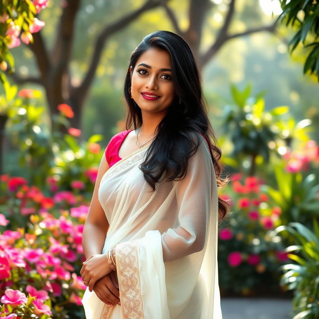 An 18-year-old Indian actress, Trisha, elegantly draped in a transparent white saree