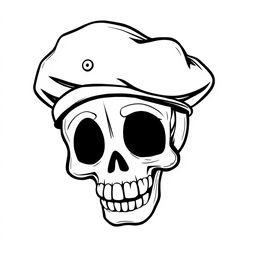 A playful black and white sketch of a cartoon skull wearing a fully black army beret